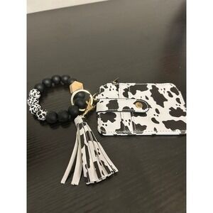 Cow Print Beaded Keychain Card Holder Wallet Bracelet Wristlet Women